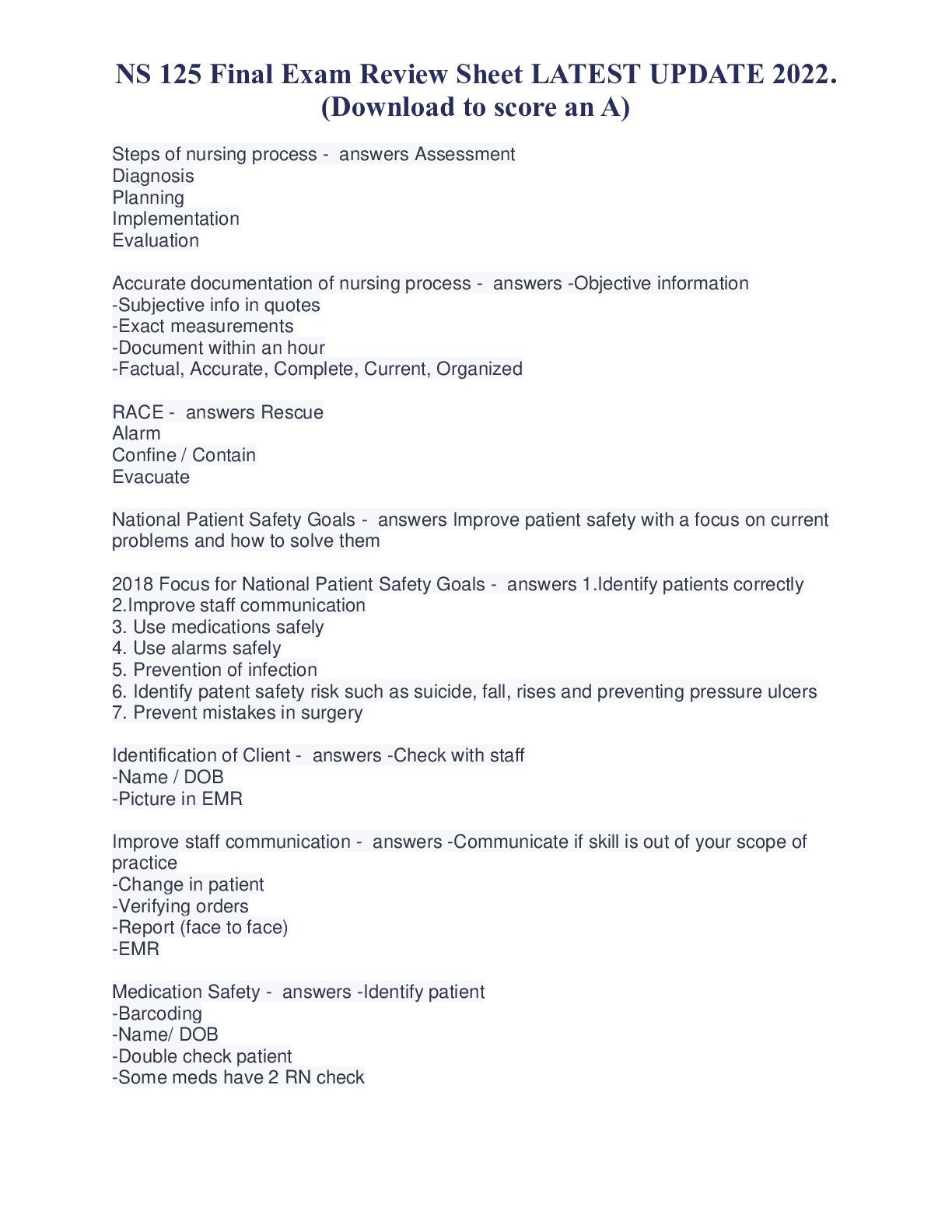 Preview image for NS 125 Final Exam Review Sheet LATEST UPDATE 2022. (Download to score an A)